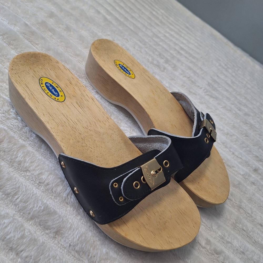 Dr Scholls Original Wood Exercise Sandals Womens 8 Black Leather RETRO BRAZIL